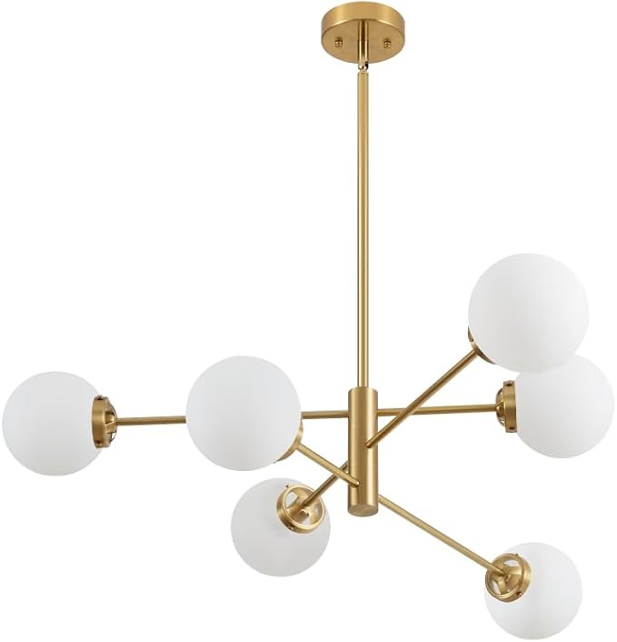 Sputnik Chandelier, Gold Modern Chandeliers, Mid Century Ceiling Lighting Fixture 6-Lights with Milk White Glass Shade for Living Room, Kitchen, Bedroom, Dining Room, and Farmhouse