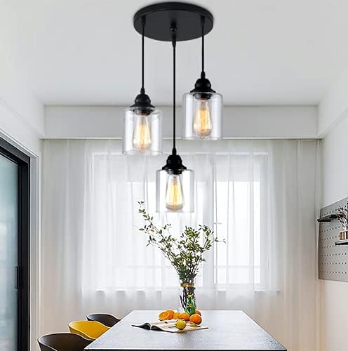 3 Lights Industrial Pendant Light with Glass Shade Matte Black Pendant Lighting Adjustable Industrial Retro Style Hanging Light,Kitchen Island Farmhouse Pendant Lights Fixtures for Kitchen,Farmhouse