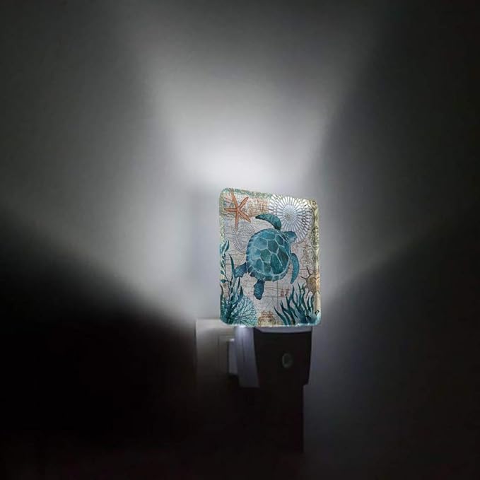Vintage Ocean Turtle Plug-in LED Night Light,Starfish World Map Auto Dusk to Dawn Sensor Nightlights Plug into Wall,White Energy Efficient Night light for Bedroom,Bathroom,Kitchen,Stairs,Hallway