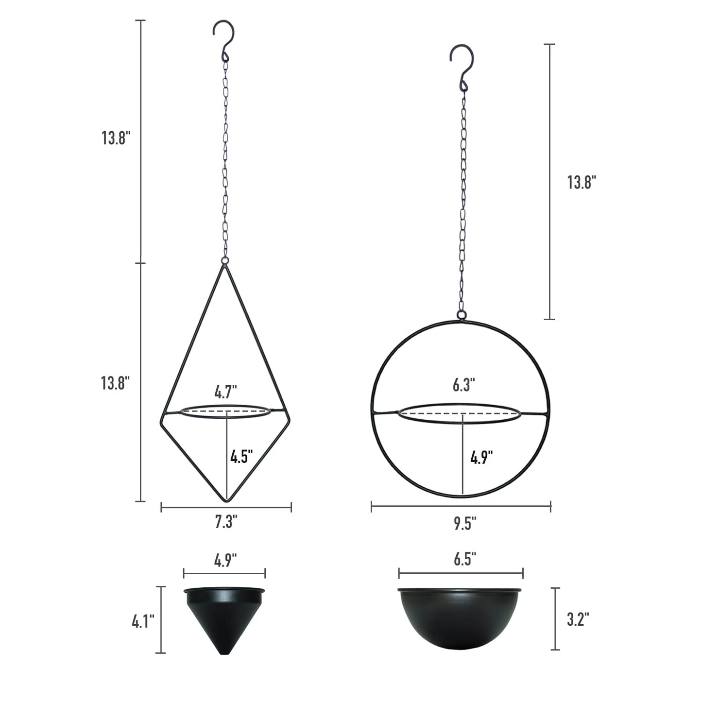 Metal Hanging Planters Set of 2 Modern Indoor Plant Hanger with Round and Diamond Pots, Geometric Small Wall and Ceiling Hanging Plant Holders for Succulents and Herbs, Black Finish