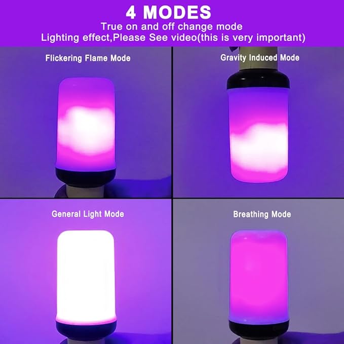 Bitrue LED Flame Bulbs, 4 Modes Purple Flame Effect Light Bulbs, E26 Base Fire Light Bulb with Gravity Sensor, Flickering Light Bulbs for Hallowee Home Decor (Purple 2 Pack)