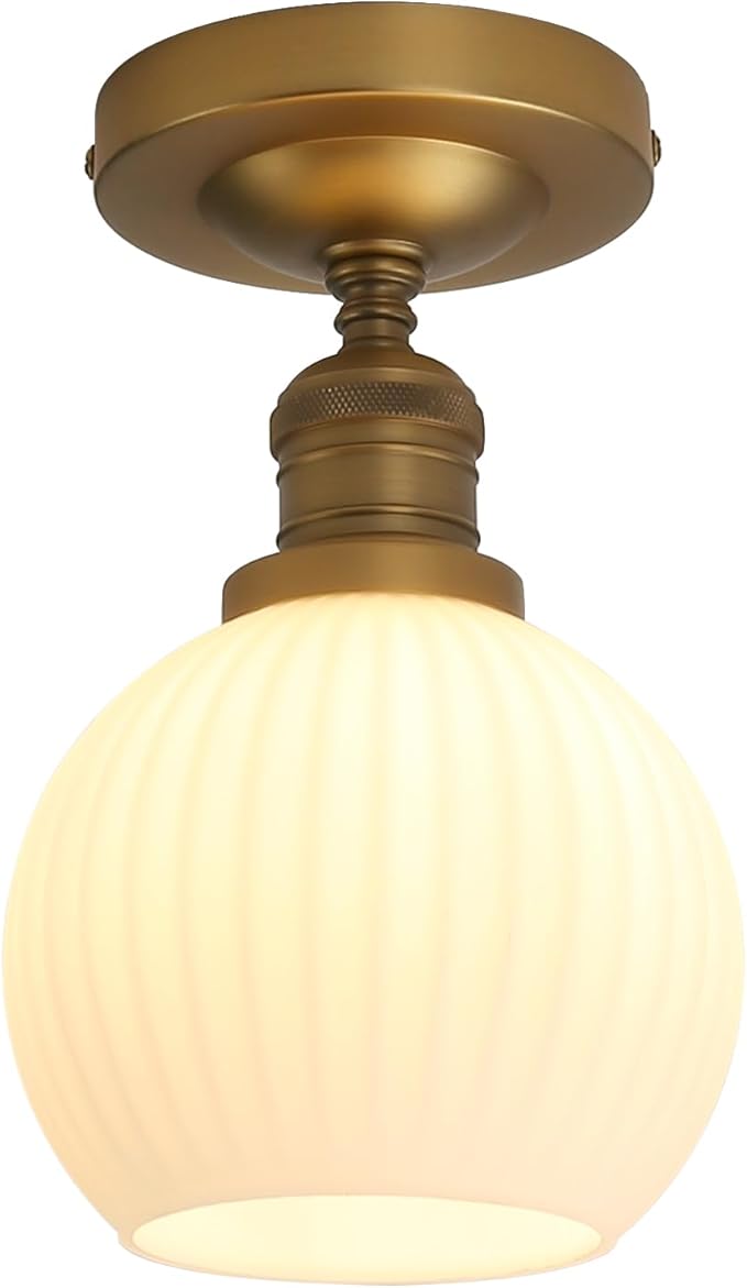 Industrial Globe Semi Flush Mount Pendant Ceiling Light with White Glass Lampshade, Vintage Close to Ceiling Light Fixture for Porch, Hallway, Entryway, Kitchen, Bedroom, Hotel