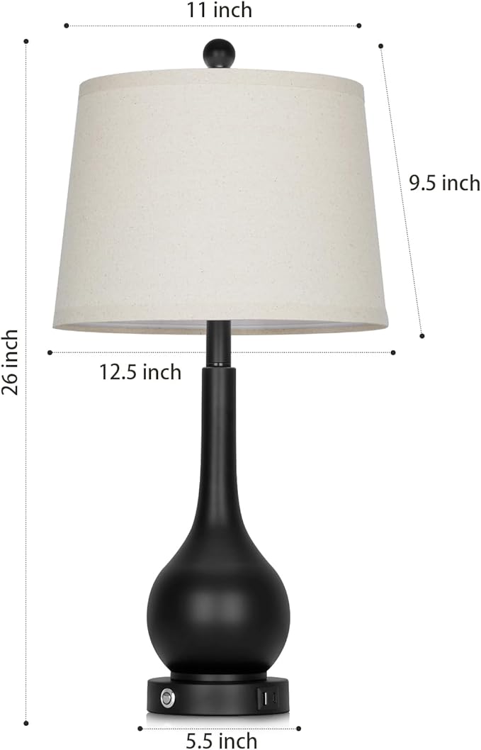 26" Black Table Lamps Set of 2, Touch Control Lamps for Living Room, 3-Way Dimmable Bedroom Bedside Lamps for Nightstands with USB A+C Port (2 LED Bulbs Included)