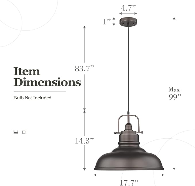 zeyu 17.7 Inch Farmhouse Pendant Light for Kitchen Island, Large Ceiling Hanging Light with Metal Dome Shade, Oil Rubbed Bronze Finish, 016-1M ORB