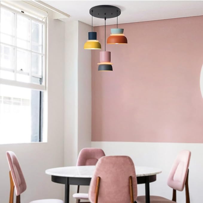 Nordic Modern Pendant Light Macaron Color Mid Century Hanging Light Fixture with Aluminum Shade Colorful Chandelier Ceiling Pendant Lights for Dining Room Kitchen (3-Light)