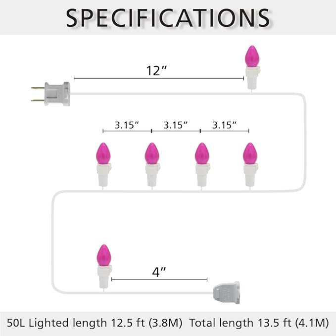 Christmas Pink Mini String Lights-50 Count 13 Feet Detachable LED Glass C3 Bulb Waterproof Fairy Lights Plug in for Indoor Outdoor Party Patio Xmas Tree Valentine’s Day White Wire