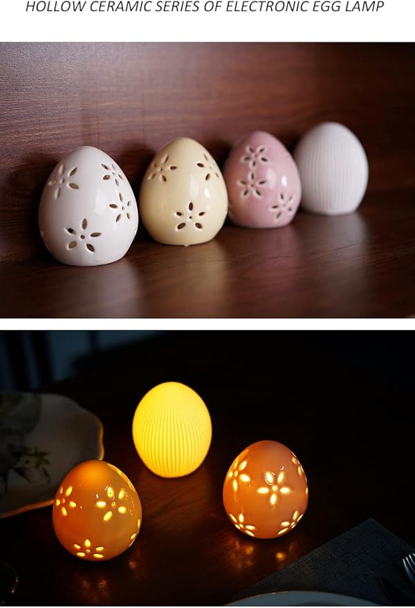 Easter Egg White Egg LED Lights Lamp for Party Favors, Procelain Egg with Flower Hollowed Easter Home Decor Table Centerpiece Mantels Rabbit Bunny Accessories Ornament