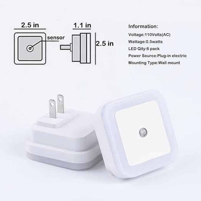 JININQ Night Light 0.5W Plug in Night Light Smart Sensor Dusk to Dawn Sensor LED Lamp,Bright Nightlight Auto-On/Off for Kitchen,Bathroom,Bedroom,Hallway,6 Pack (White Color)