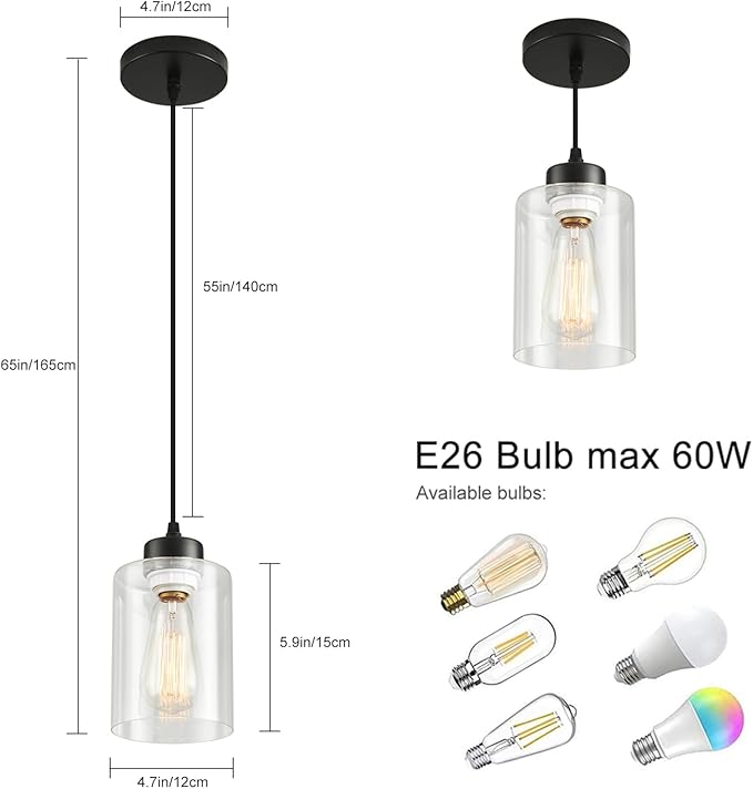 Pendant Light Fixture, 3 Pack Hanging Ceiling Lamp with Clear Glass Shade, Adjustable, Kitchen and Dining Room, Black, 30 x 15 x 22 cm