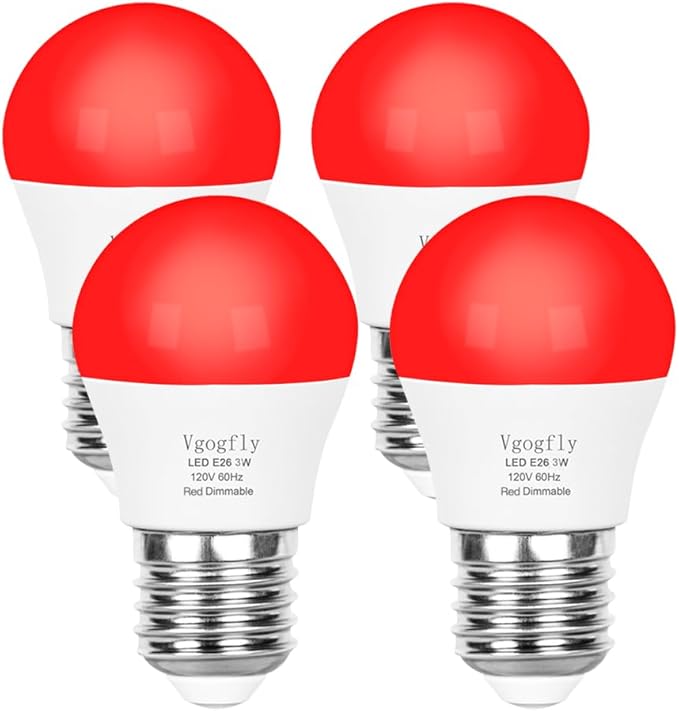 Vgogfly Red Light Bulb for Sleep Dimmable - Mood Setting Blue Light Blocking, A15 3W(25 Watt Equivalent) E26 Base for Nursery, Bedroom & Relaxation, Longevity (4 Pack)