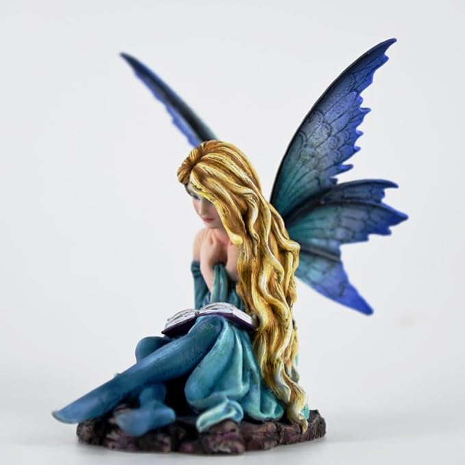 Fantasy Reading Fairy Figurine - Blue Gradient Wings Elf Statue with Book, Cozy Resin Decor for Desk, Study & Fairy Garden (15.5cm)