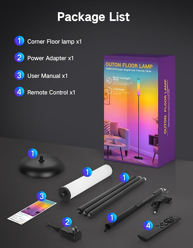 OUTON Floor Lamp for Living Room, 66 in LED Corner Floor Lamp with Remote, App and Touch Slider Control, 2200K-6500K Stepless Dimmable RGB Standing Lamp with Timer, Memory and Music Sync, Black