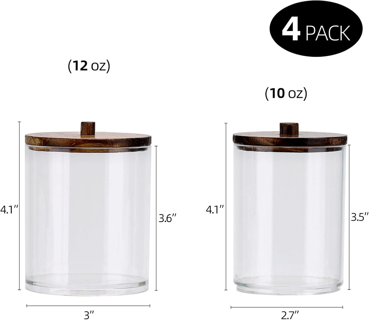 Tbestmax Qtip Holder Dispenser - 4 Pack Clear Plastic Apothecary Jars with Brown Wood Lids | 12oz & 10oz Storage