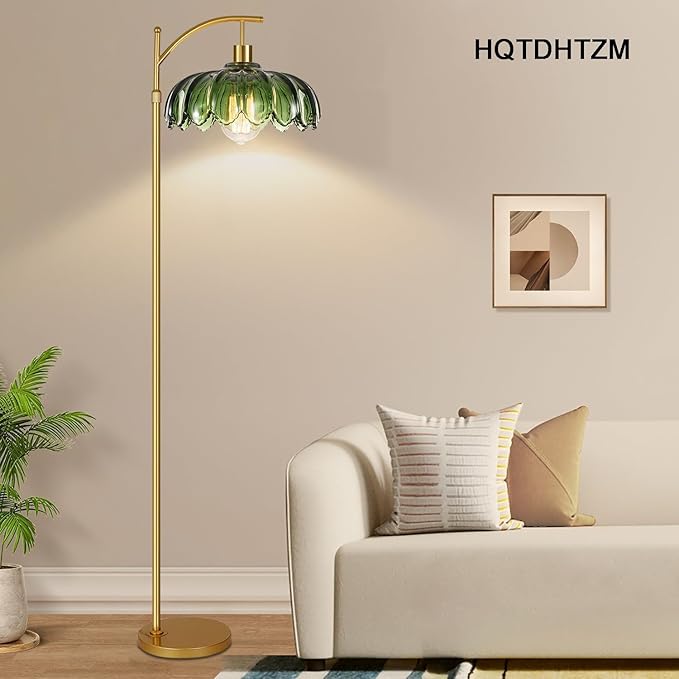 Glass Floor Lamp for Living Room,Bedroom,Mid Century Modern Standing Lamp with Remote,Dimmable Gold Tall Lamp Green Vintage Retro Arc Flower Floor Light Boho Bohemian