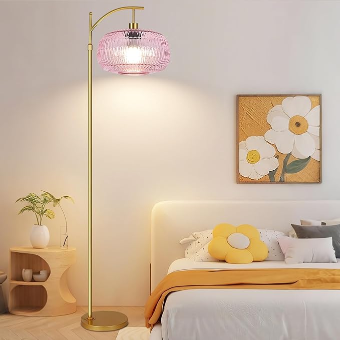 Pink Floor Lamp for Living Room,Bedroom,Gold Dimmable Standing Lamp with Remote,Mid Century Modern Brass Tall Lamp Boho Floor Lamps Arc Stained Glass Flower Floor Light Lamp Girls kids Bohemian