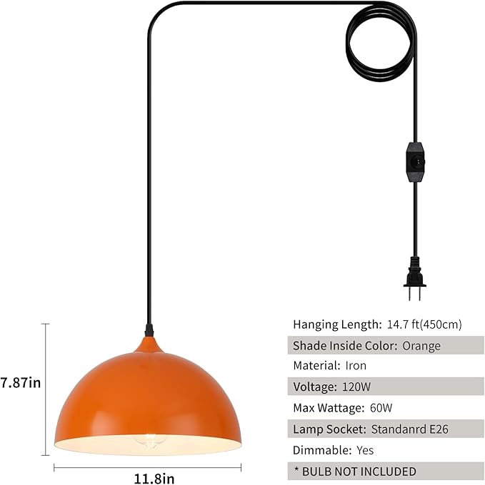 Orange Plug in Pendant Light 2 Packs 11.8inch, Modern Pendant Light, Kitchen Pendant Lights, Pendant Lights Kitchen Island, Hanging Lights with Plug in Cord 14.7 ft