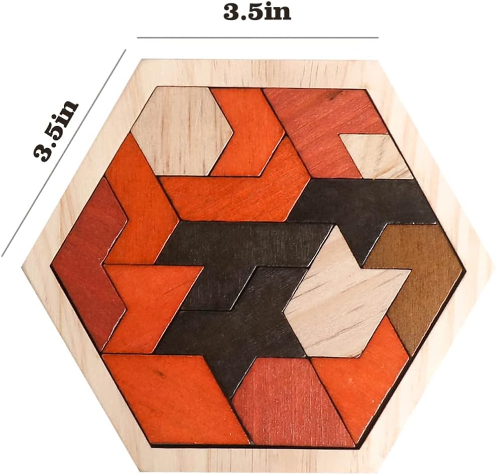 Skrtuan Wooden Hexagon Tangram Puzzle - Montessori Brain Teaser Game for Kids & Adults | Portable Educational Toy