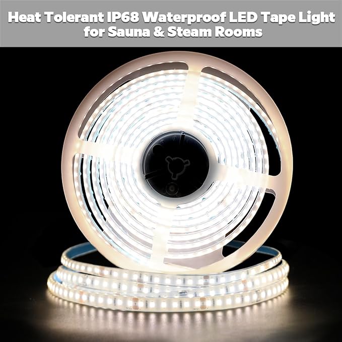 SuperlightingLED DC24V 4000K White Sauna LED Strip Lights High Temp, Flexible Long 5m 16.4ft 120 LEDs/m Heat Resistant Waterproof LED Strip Light IP68 for Steam Room Lighting (4000K Natural White)