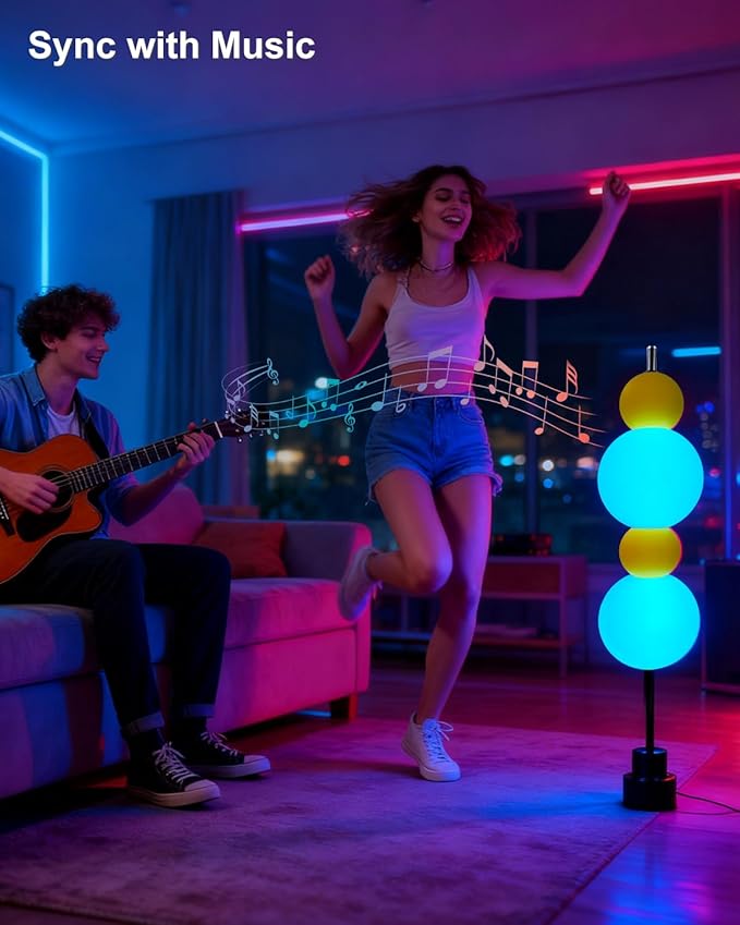 Yellow Globe Floor Lamp - Metal, RGB & 3000K Dimmable LED, Touch Switch, Modern Tall Standing Lamp for Bedroom, Living Room, Home Office