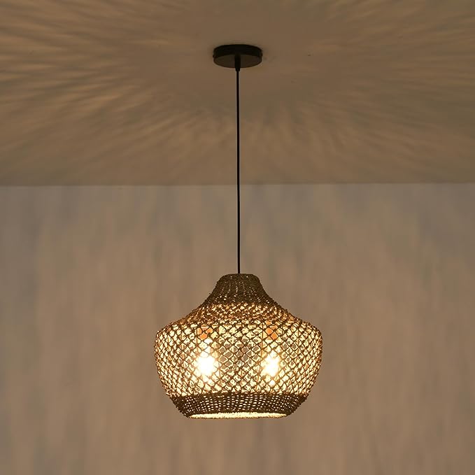 18.9" Rattan Pendant Light Fixtures,Boho Rattan Pendant Light 3-Light Hand Woven Seagrass Chandelier for Workplace Occasions Restaurants Dining Living Bedroom Kitchen Farmhouse