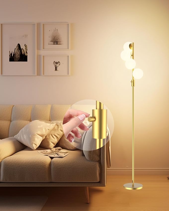 Lightdot 64IN Dimmable Globe Floor Lamp, Modern Gold Standing Lamps with 4PCS 3000K Bulbs Included Soft Warm White Eye Care, Mid Century Floor Lamp for Living Room/Bedroom/Sofa Beside/Corner Decor