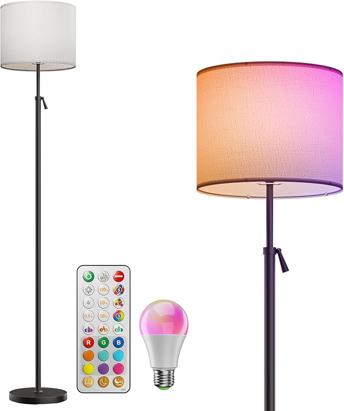 Floor Lamp for Living Room with RGBCW Color Changing Bulbs Dimmable, Adjustable Height Standing Lamp with Remote Control, 10W 1200 Lumen, Tall Lamp for Living Room, Bedroom, Office, Black