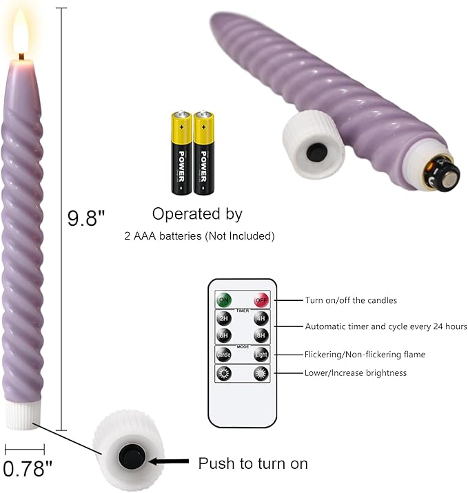Easter Flameless Taper Candles Flickering with Remote Timer, Gentle Lavender Battery Operated Real Wax LED Spiral Candles for Home Wedding Spring Easter Decoration(0.78 X 9.8 Inchs)