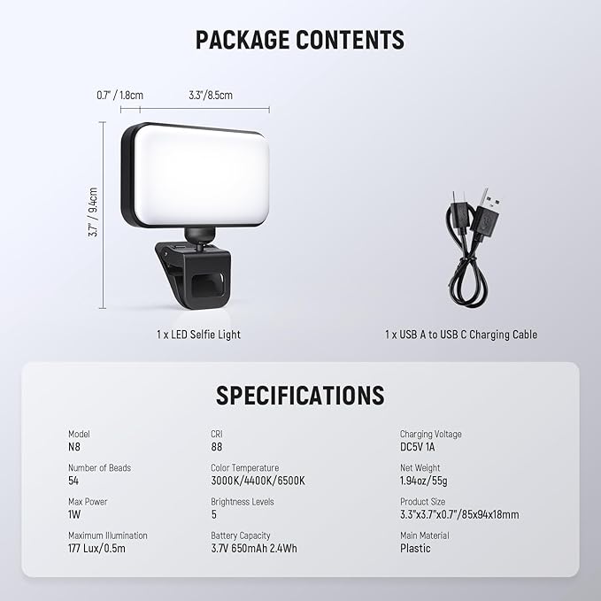 NEEWER Entry Level Version LED Selfie Light, 54 LEDs Plastic Clip on Phone Fill Lighting for iPhone, CRI88 650mAh, Portable for Computer Laptop Webcam Zoom Video Conference Makeup Recording, N8