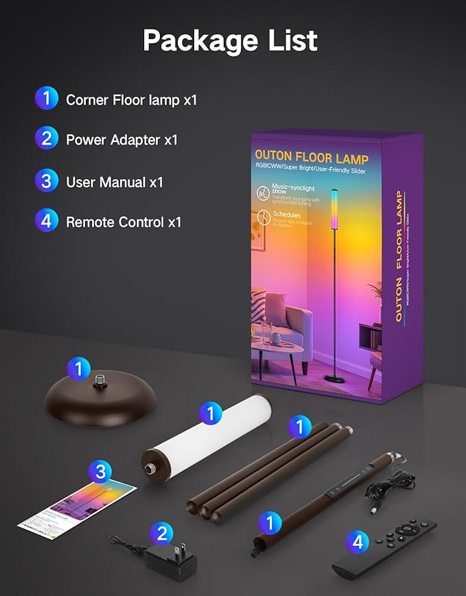OUTON Corner Floor Lamp with Remote, Touch & App Control, RGB Color Changing Standing Lamp with 32 Modes, 360 Lighting, 3 Color Temperatures, Dimmable 66 in Tall Lamp for Living Room Bedroom,Brown