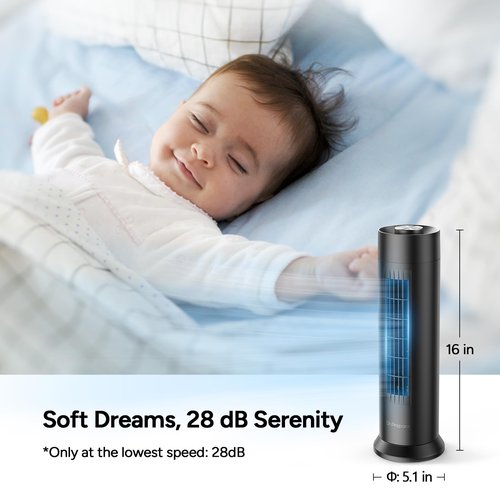 DR.PREPARE Tower Fan, 28 dB Quiet Desk Fan, 3‑Speeds, 80° Oscillation, Detachable Washable Bladeless Design, 16 Inch Portable Table Fan for Room, Home, Office,Black
