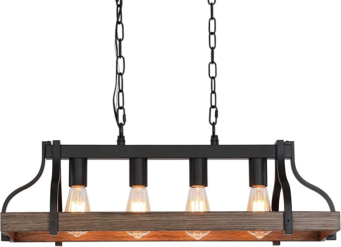 Rustic Kitchen Island Dining Room Light Fixture Farmhouse Linear Chandelier Black and Retro Wood Finish 4-Light Industrial Metal Hanging Pendant Light UL Listed L28.3 W10.6