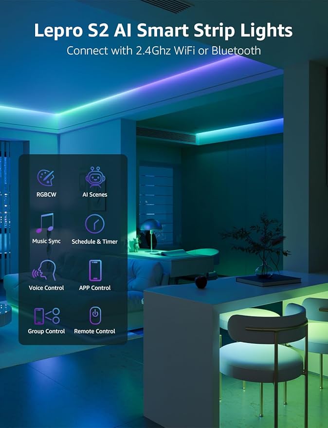 Lepro S2 AI Smart LED Strip Lights - 32.8ft RGBCW Light Strips with 2700K-5700K Tunable Warm White, Color Segment DIY, Personalized Al Lighting Designer, APP Control(No Remote), 2.4G Wi-Fi & Bluetooth