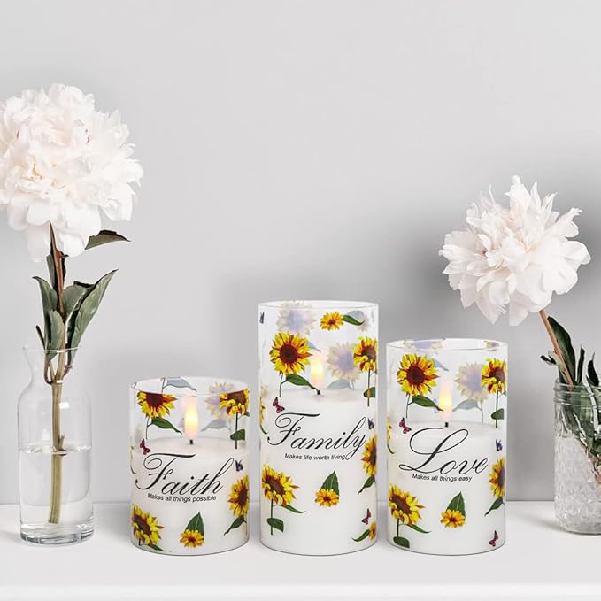DRomance Sunflower Glass Flameless Candles with Remote Timer Battery Operated LED Pillar Candles Real Wax 3D Wick Flickering Warm Light Wedding Dinner Holiday Spring Candle 3 x 4,5,6 Inches