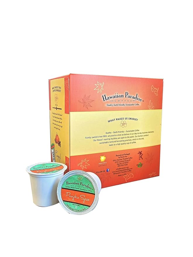 Hawaiian Paradise Coffee Pumpkin Spice Single Serve Cups (18 Cups) – Medium Roast with an Amazing Aroma – Farm Fresh Arabica Beans- Compatible with Keurig K-Cup Brewers