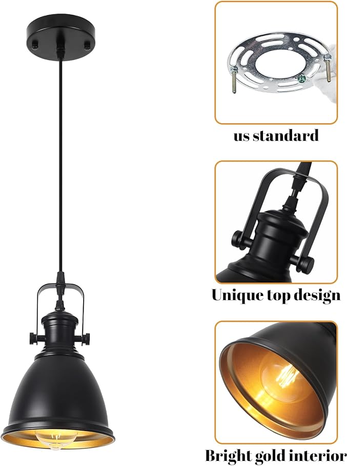 Black Pendant Light 2 Pack, Farmhouse Pendant Light, 6.5 inches Kitchen Island Lighting, Industrial Pendant Light Fixtures, Black Pendant Lights Kitchen Island Dining Room Bedroom