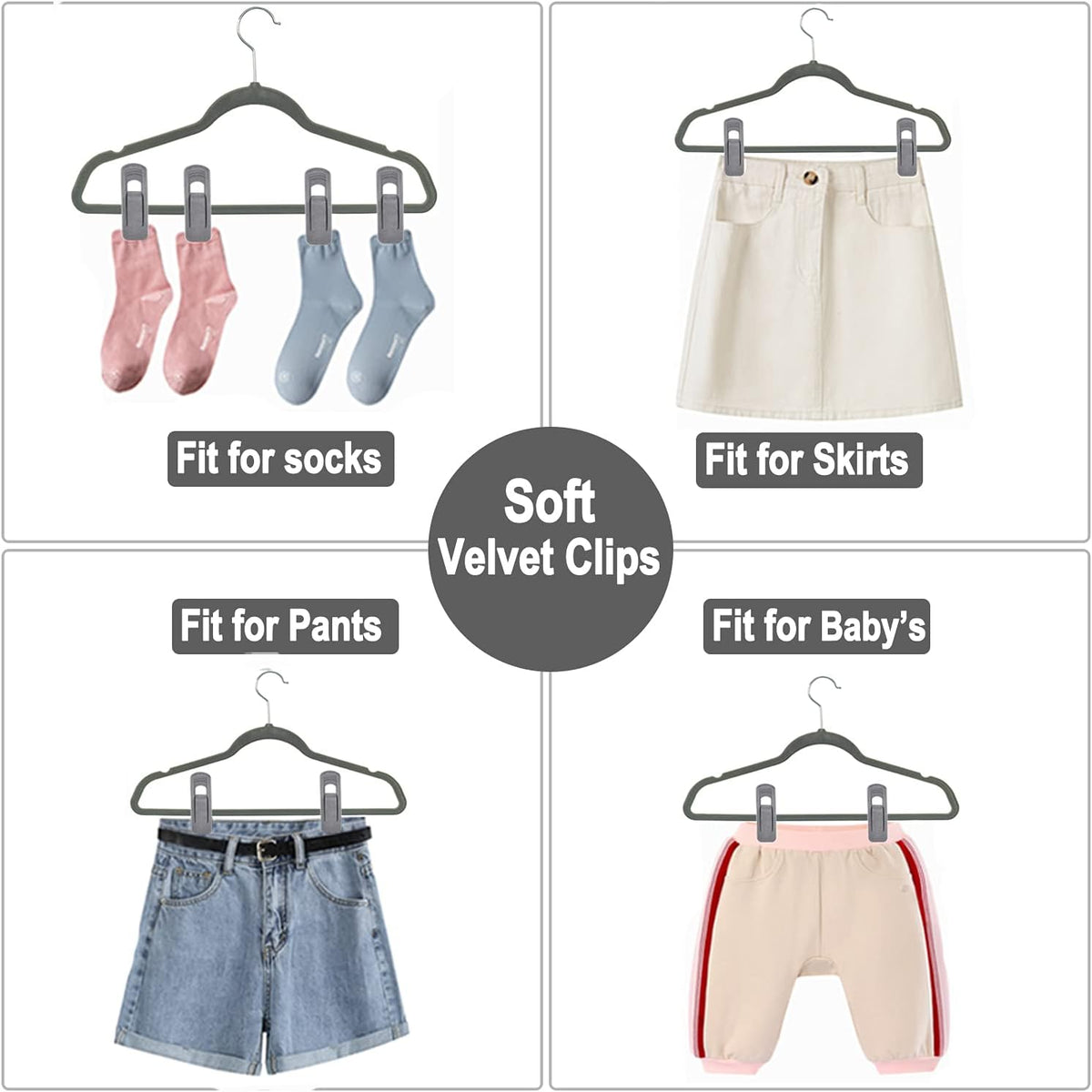 TOFIIGREM Grey Velvet Clips - 20 PCS Non-Slip Clips for Slim Velvet Hangers | Ideal for Pants and Clothes