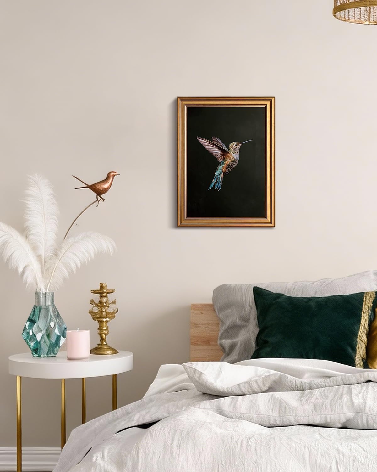 VIYYIEA Gold Framed Canvas Wall Art - Dark Hummingbird Photo Print for Living Room & Bedroom | 12x16 Inch
