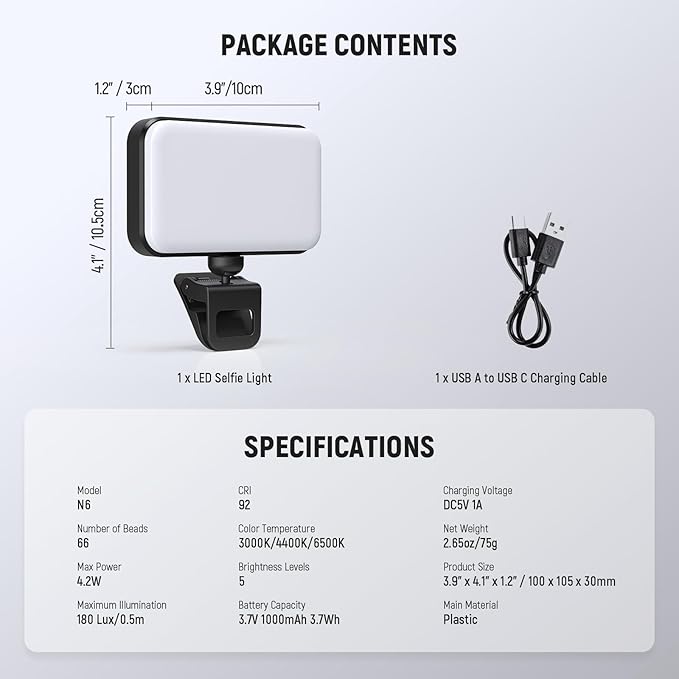 NEEWER Entry Level Version LED Selfie Light, Plastic Clip on Phone Fill Lighting for iPhone, 66 LEDs CRI92 Portable for Computer Laptop Webcam Zoom Video Conference Makeup Recording Streaming, N6