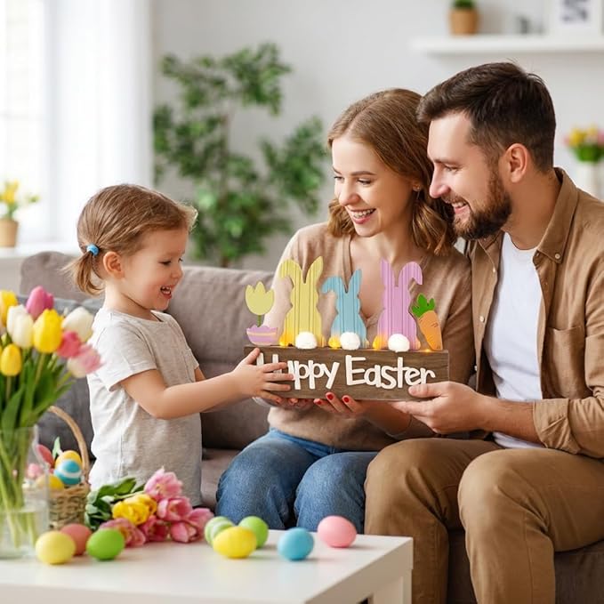 Valery Madelyn Easter Decorations, Wooden Easter Decor for Table with LED Lights, Lighted Bunny Decorations for the Home Decor Shelf Tiered Tray Living Room, 12 Inch, Pink Blue