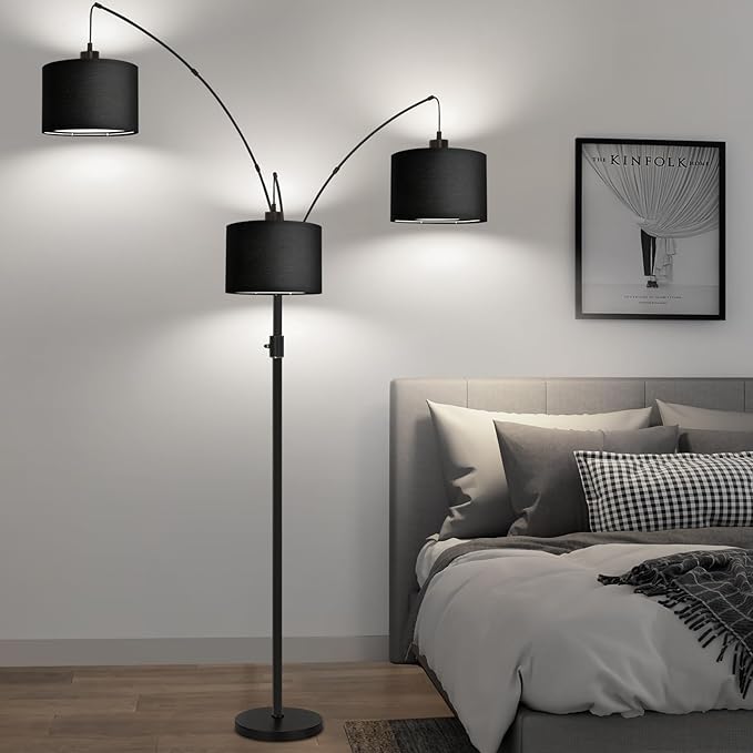 Dimmable Floor Lamp - 3 Lights Arc Floor Lamps for Living Room,Modern Tall Standing Tree Lamp with Black Linen Shade & Heavy Base,Mid Century Floor Lamp for Bedroom Corner Office, 3 LED Bulbs Included