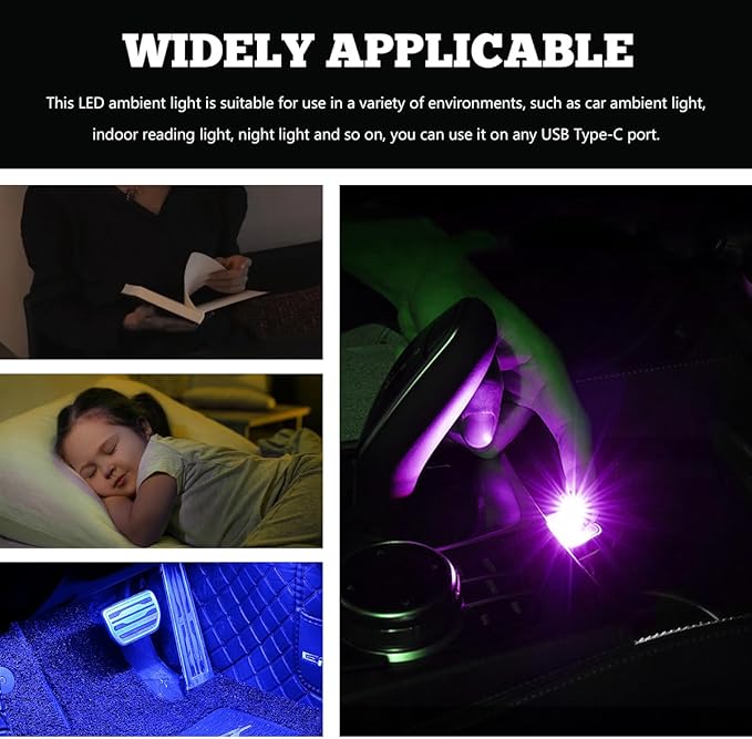 USB Type C LED Ambient Light, 8 Colors RGB LED Car Atmosphere Lamp with Adjustable Brightness, 5V Plug-in USB Night Lights Interior Decoration for Vehicle Home Office