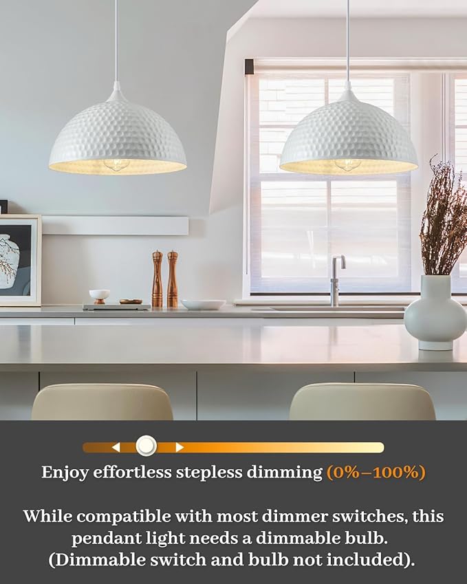 Hammered Dome Pendant Light 1 Pack, White Pendant Lights, 12 Inch Metal Industrial Pendant Light, Kitchen Island Pendant Lights for Kitchen, Dining Room, Bar