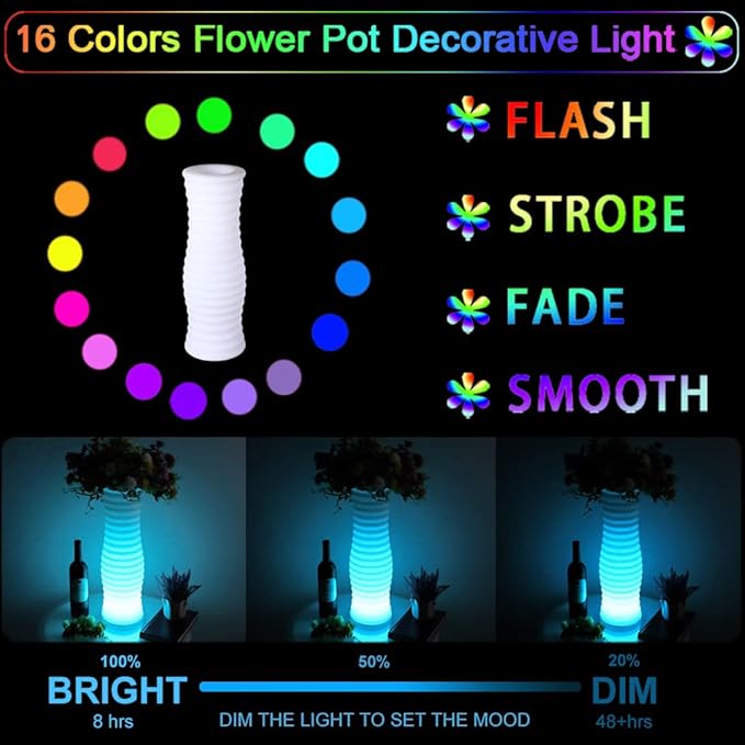 20-inch Cordless LED Lighted Vase w/Remote, Rechargeable LED Vase Night Light Floor Mood Lamp, 16 Colors & 4 Modes Dimmable LED Flower Pot, Waterproof Light Up Planter for Bedroom Path Bar Party Decor