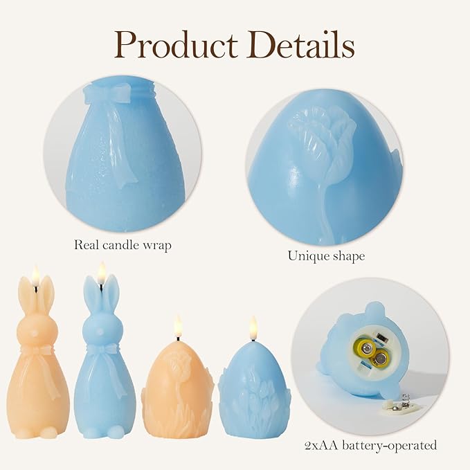 WDS WONDROUS Easter Flameless Candles Set of 4, LED Bunny & Egg Candles with Floral Embossed Design, Blue & Orange Battery Operated Candle for Home Decor, Gift for Women, Mom, Easter Decor