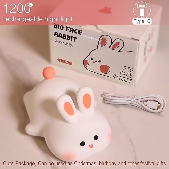 Cute Bunny Night Light, Squishy Rechargeable Bunny Lamp Kids Easter Gift, Big Face Rabbit Decor, Mom or College Girl Gifts, Dimmable Bunnies, Nursery Touch Nightlight, Safe Silicone
