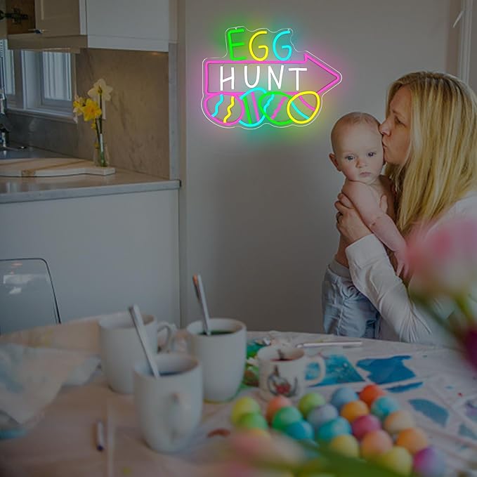 Easter Neon Sign for Wall Decor Easter Egg Hunt Led Sign Easter Decorations Dimmable Eggs Neon Light Up Signs for Egg Hunt Game Backdrop Window Party Gifts Bedroom Holiday Spring Bar Home