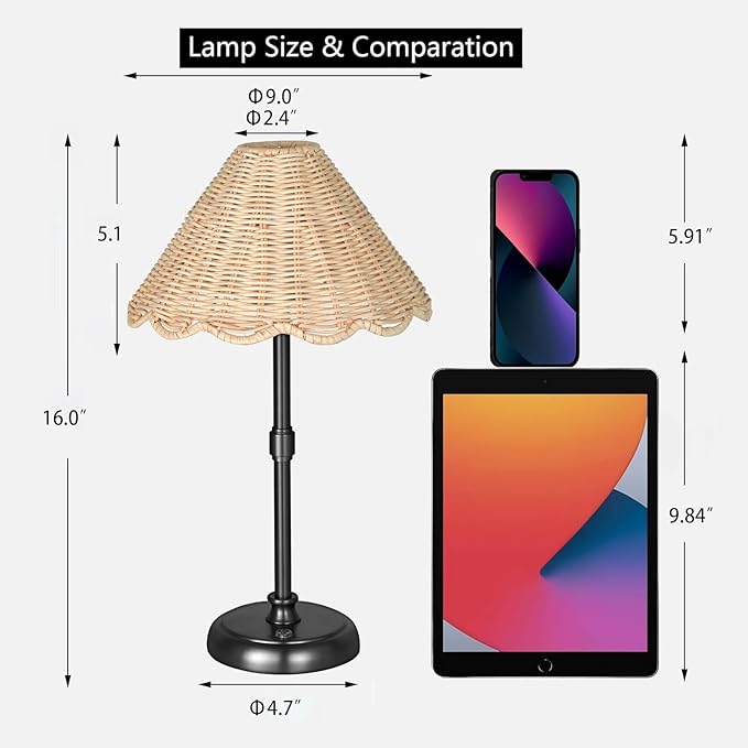 Cordless Boho Rattan Table Lamp Black, 5200-mAh Rechargeable Battery, 3-Level Brightness Dimmable, Build-in Integrated LED 320 Lumen Max, Rattan Shade, for Bedside Restaurant Dining Table