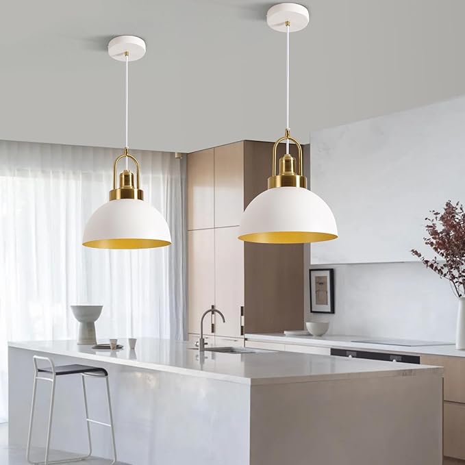 Vintage Pendant Light White and Gold Pendant Light with 9.84 Inch Round Dome, Brass Socket, and 78.74 Inch Cord - Perfect for Kitchen Island, Dining Room, Hallway