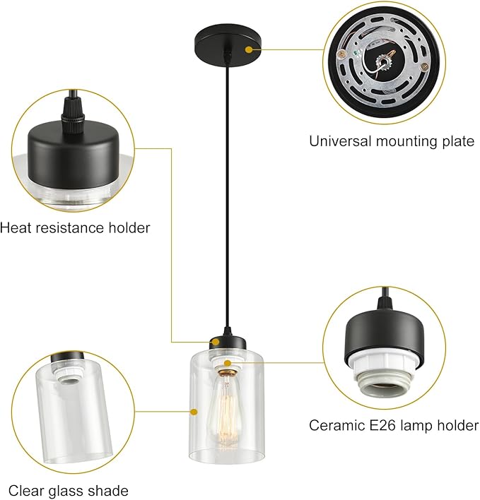 Modern Black Farmhouse Pendant Light with Glass Shade,Industrial Pendant Lighting, Adjustable Hanging Light Fixtures, Farmhouse Pendant Lighting