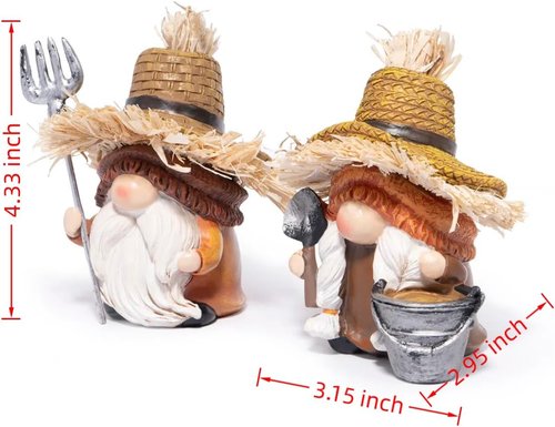 Hodao Farmer Gnomes Figurines - Rustic Hand-Painted Resin with Straw Hats & Farm Tools | Perfect Garden Decor